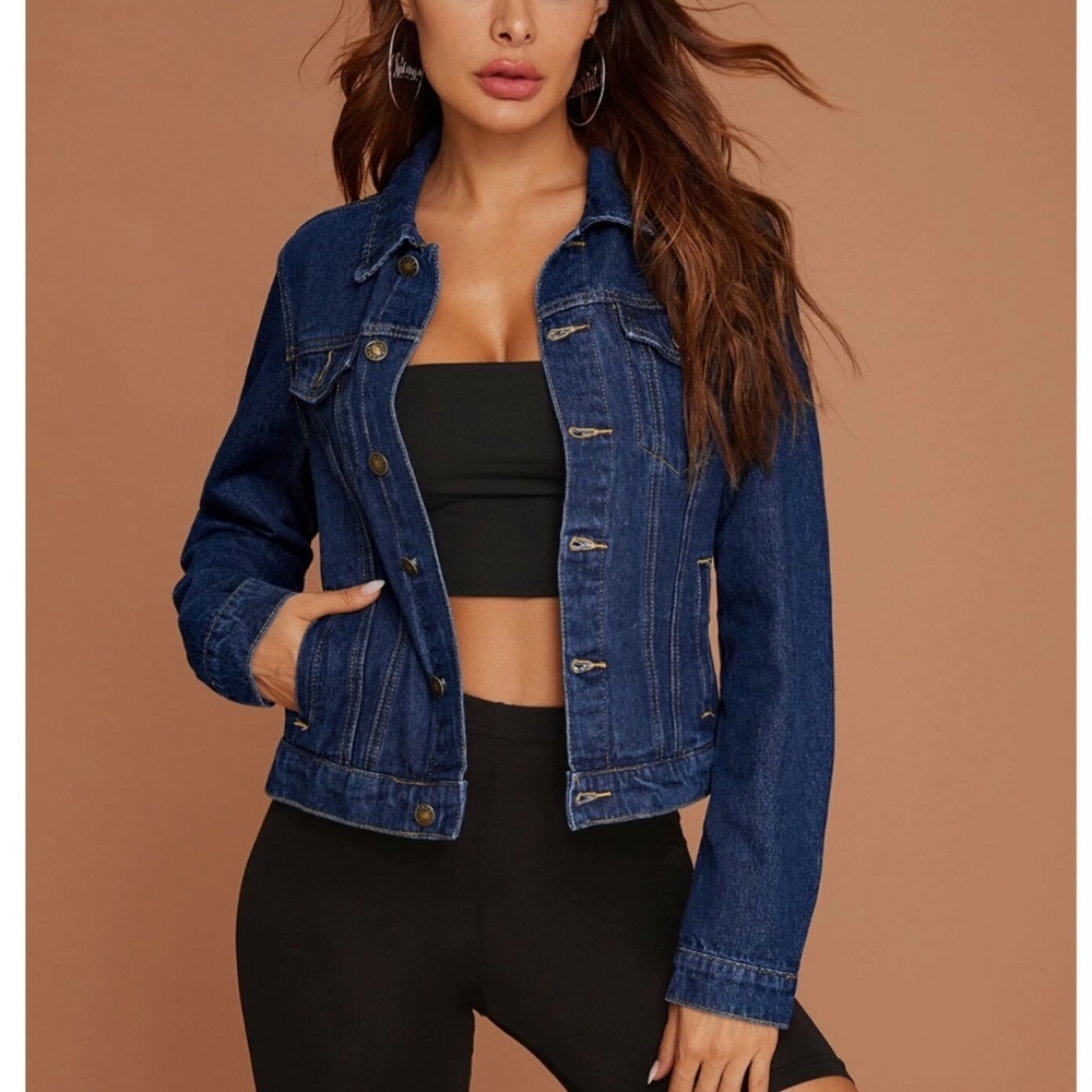 Dark Wash Blue Denim Jean Jacket Classic Button Up / Down Front Pockets